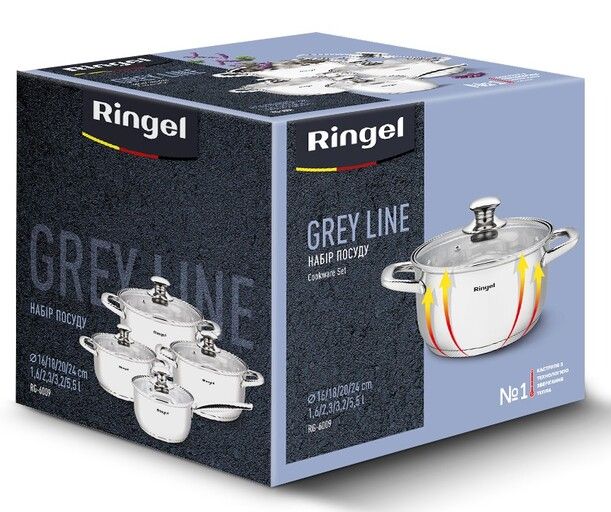 Набір посуду RINGEL Grey line Набір каструль 8 пр. ківш+кастр 1.6-5.5л нерж (RG-6009) RG-6009 фото